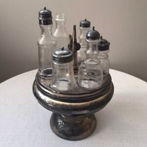 Victorian Castor Seven Piece Cruet Set Silverplate Stand Glass Jars