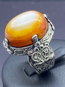 Beautiful Old Natural Carnelian Devil Eye Agate Pure Sliver Ring With Engraving