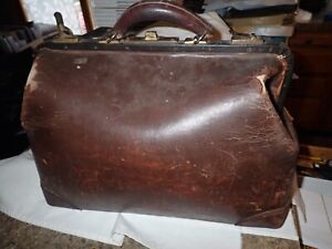 Antique Leather Cow Hide Doctor Medical Locking Bag Brass Latch Brown