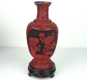 Chinese Carved Lacquer Floral Vase In Red Black Wood Stand W Defects 10 H