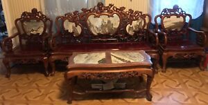 A Set Of Antique Asian Rosewood Carving Furnitures With Marbles Inlay 10 Pcs 