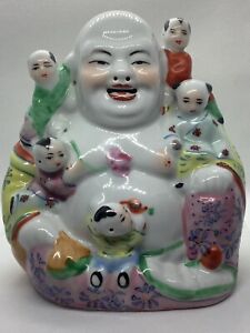 Chinese Famille Rose Buddha Five Boys Porcelain Wealth Fertility Statue Figurine
