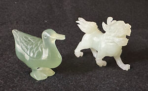 Two Hand Carved Chinese Jade Carvings Foo Dog And Duck Vintage 1980 S