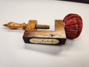 Zum Andenken 1872 Antique Sewing Pin Cushion Wood Table Clamp