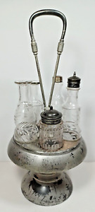 Victorian 5 Piece Etched Glass Cruet Condiment Set Metal Holder W Rotating Stand