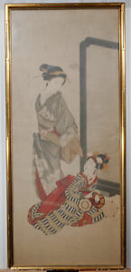 19th C Two Geishas Hand Signed Framed Japanese Ink Watercolor Painting On Paper