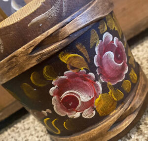 Vintage Primitive Rustic Hand Painted Wood Stave Bucket Pail Floral