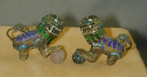2 Chinese Export Gilt Silver Enamel Foo Dog Figurines Moving Heads