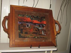 Vtg Antique Inlaid Wood Tray Painted Folk Art Mexican Scene On Copper By Paine