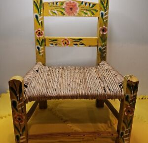 Vintage Folk Art Hand Painted Child S Doll Chair Yellow Mexican Style Spanish