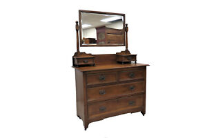 Antique English Oak Dresser Chest Of Drawers With Beveled Mirror 4 Drawers
