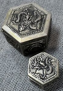 Two Vintage Asian Silver Dragon Decorated Pill Snuff Trinket Boxes
