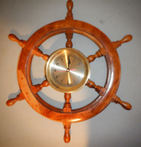 Vintage Brassom Wood Ships Wheel Brass Quartz Clock