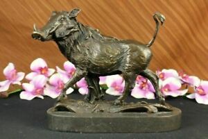 Signed Bronze Barye Wild Boar Animal Mascot Sculpture On Marble Base Figurine Nr