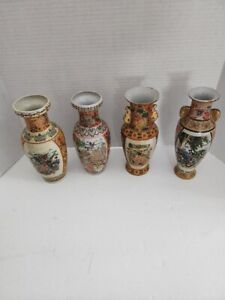 4 Nice Antique Oriental Pottery Transferware Vase S Hand Enameled Accents