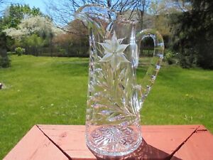 Antique Cut Glass Ideal Canastota Butterfly Poinsettia Tankard Pitcher 11 1 4 