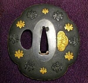 Japan Antique Edo Era Paulownia Gold Rim Work Tsuba Shakudo Box Sword Katana