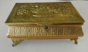 Antique Arabic Islamic Floral Repousse Embossed Brass Wood Footed Box