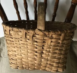 Antique Splint Woven Gathering Basket Wood Handle 15 Wide X 14 Tall