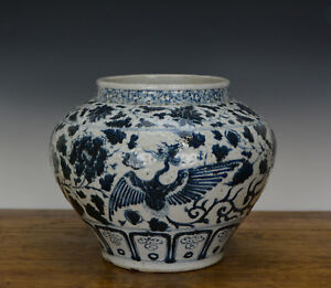 Old Large Chinese Ming Style Blue And White Phoenix Porcelain Pot