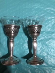 Set Of 2 Cartier Sterling Silver 925 With Etched Glass Inserts Cordial Glasses