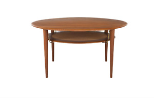 Solid Teak Cane Danish Modern Round Coffee Table Peter Hvdit For France Son