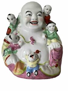 Vtg Chinese 9x7 Porcelain Famille Rose Happy Laughing Open Mouth Buddha 5 Kids