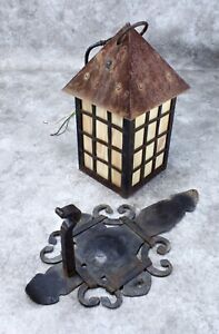 Arts And Crafts Outdoor Hanging Slag Glass Lamp With Wrought Iron Hanger