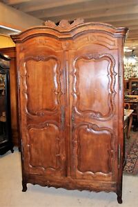 Large French Antique Louis Xv Walnut Armoire Three Shelf Cabinet Marked 1805
