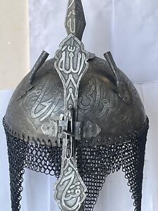 Ottoman Mughal Islamic Steel Helmet Antique Indo Persian Khula Khud Carvings