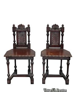 Pair Of Two Vintage Spanish Style Ornately Carved Accent Chairs