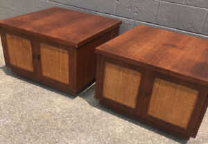 Pair Mcm Nightstands Lane Side End Tables Walnut Cane Front
