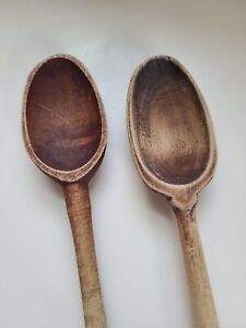Two Primitive Antique Handcarved Wooden Spoons