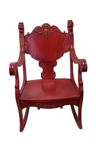 Antique Victorian Painted Red Solid Oak Rocking Chair Hand Carved Lions