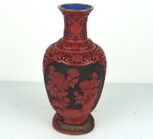 Chinese Carved Lacquer Floral Vase In Red Black W Defects 10 H