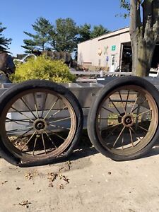 Iron Wagon Wheels Old Large 38 Inch Tall 7 Inch Wide Bearing Hub 13 Inches