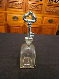 Vintage Apothecary Jar Bottle W Metal Key Stopper Green Patina 9 Tall