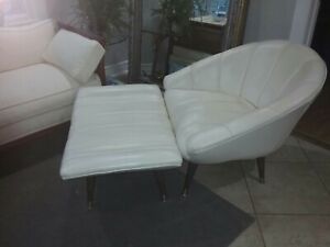 Mid Century Scoop Chair And Ottoman White Leather