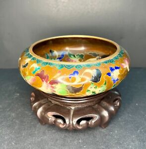Robert Kuo Kuo S China Cloison Cloisonne Brass Butterfly Bowl With Wood Base
