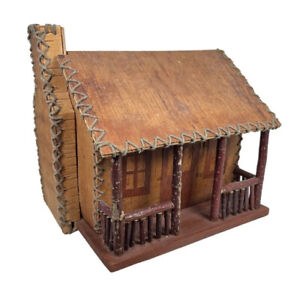 Vintage Folk Art Birch Bark Twig Rustic Cabin With Porch Chimney