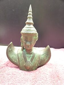 Vintage Brass Bust Asian Young Man Ornate Statue Figure