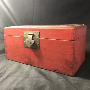 Antique American Document Box Red Paint Wash Dovetail Latched Semi Circle