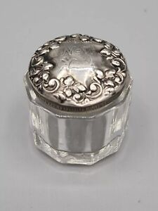Antique Rouge Pot Sterling Silver Lid New York Souvenir Repouss Glass Jar