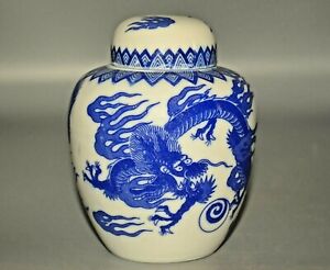 Antique Original Vintage Japanese Blue White Porcelain Dragon Jar Lid Urn Vase