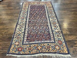 Kurdish Oriental Rug 4x8 Wool Handmade Antique Senneh Carpet Navy Blue Floral