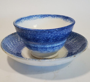 Antique Staffordshire Pearlware Blue White Spongeware Cup Saucer Great Color 