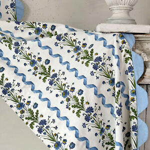97x21 Vintage French Curtain Drape With Blue Ribbon And Floral Boussac Fabric P