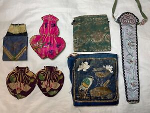 Lot Of 7 Antique 19th C Qi Ing Chinese Embroidered Silk Purse Wallet Pouch Bag 