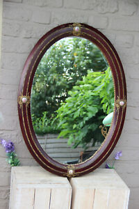 Gorgeous French 1960 Burgundy Red Wood Porcelain Medaillon Mirror Oval