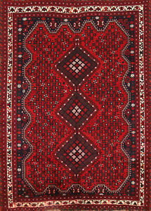 Vintage Geometric Red Qqashqaii Living Room Rug 7x9 Hand Knotted Wool Carpet